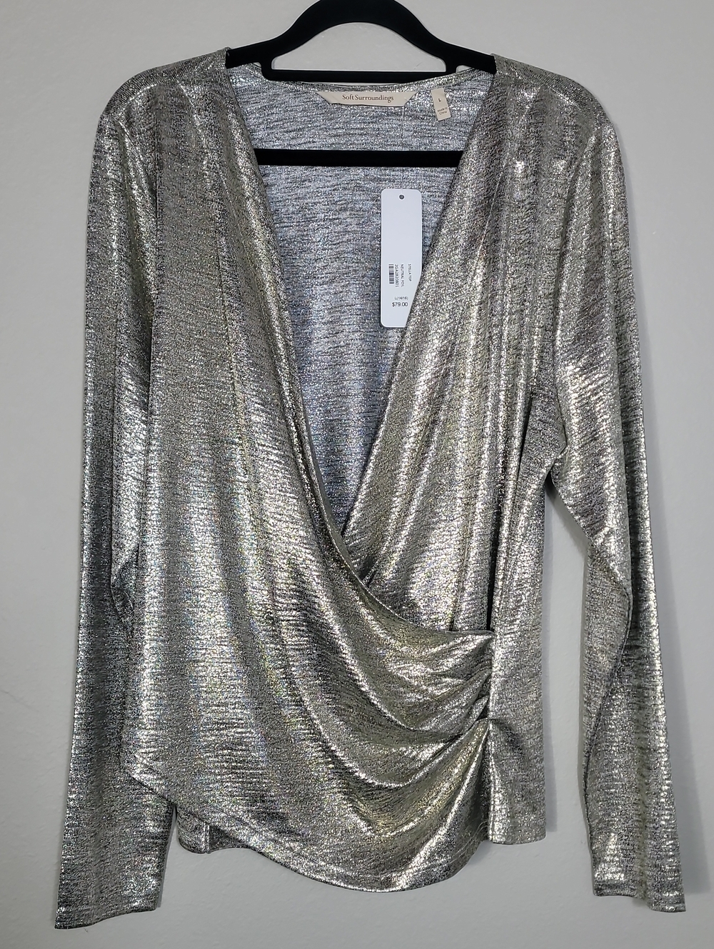 NWT Soft Surroundings Stella Metallic Faux Wrap Top Size Large Evening Glam